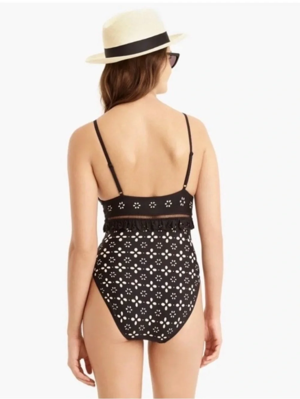 J. Crew Scalloped Ruffle Plunging One-piece Swimsuit in Laser-cut Eyelet Sz 12